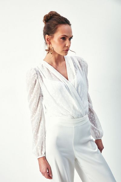 Sateen Bluză body cu model la dublu piept - ECRU