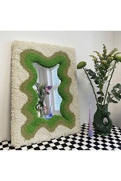 Sima Tufting Rug Yeşil Beyaz Dalgalı Desenli El Yapımı Özel Tasarım Çok Amaçl...