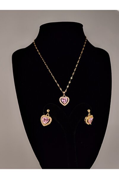Romea Pembe Taşlı Kalpli  Kolye & Küpe Seti Altın Rengi
