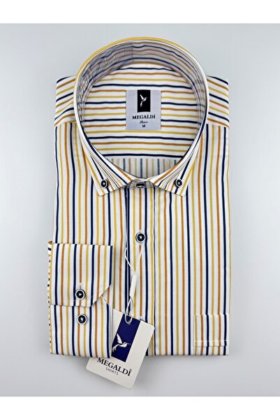 MEGALDİ Erkek Klasik Kesim Turuncu Sarı Çizgili Uzun Kollu Cepli Gömlek