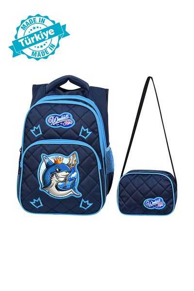 Waddell Rucsac și cutie de prânz pentru școala primară cu licență bleumarin cu model de rechin