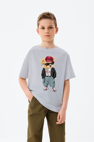 ADABEBEK Tricou pentru băieți cu ursuleț de pluș cu cercei cu șapcă