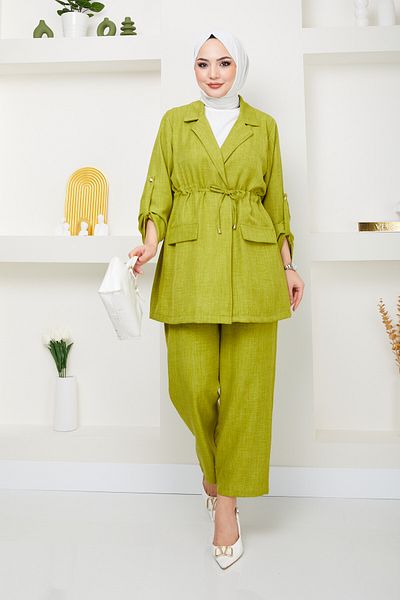 Swana Women's Linen Suit with Tie Waist Jacket and Trousers - Oil Green