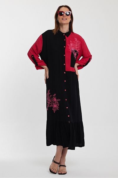 Denismoda Women's Ethnic Embroidery Detailed Sleeve Lace-up Shirt Dress