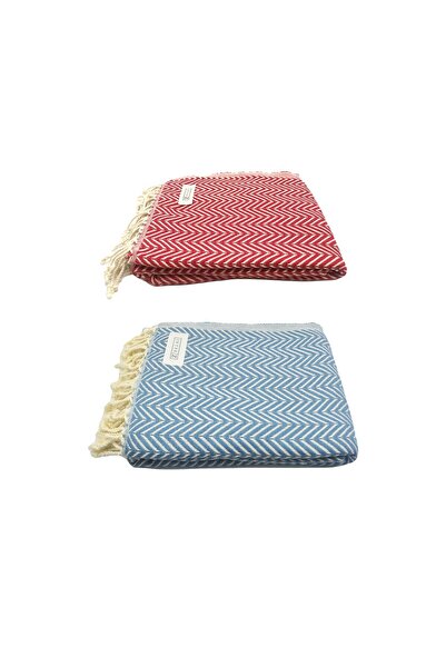 INTER Z Set of 2 Peshtemal Beach Towels, 100% Cotton, Xxl 100x180cm, Marmaris, Red-Aegean Blue