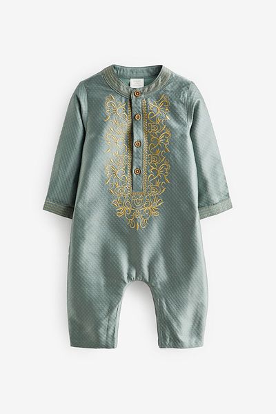 Next Baby Cotton Green Embroidered Baby Jumpsuit
