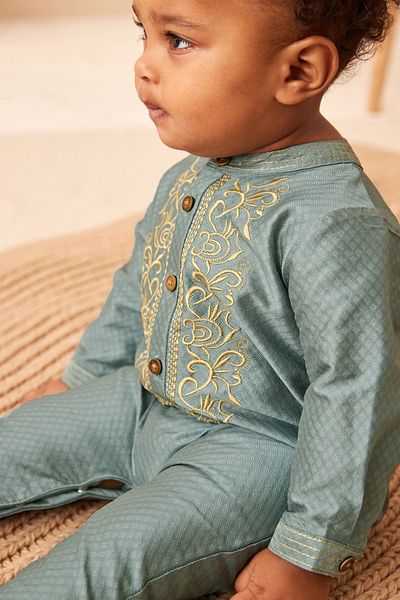 Next Baby Cotton Green Embroidered Baby Jumpsuit