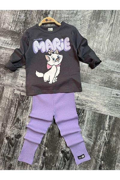 öykümgaleria Girl's Summer Ribbed Tights Kitten Printed Top and Bottom Set