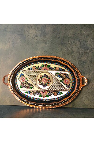 Copper Studio 999 23x34 Cm Oval, İşlemeli, Pirinç Saplı Kalın Bakır Çay Ve Kahve Sunum Tepsisi, Söz Nişan Tepsisi