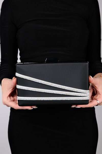 LuviShoes Γυναικεία βραδινή τσάντα φορέματος DEBON Black Satin Silver Stone