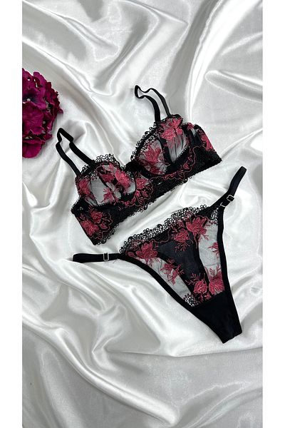 Clara Butik Pomegranate Flower Floral Embroidery Embroidered Patterned Lace Underwire Bra Black Lingerie Set
