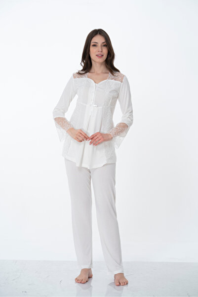 by İGP Ecru Cotton Maternity Lace Pajama Set