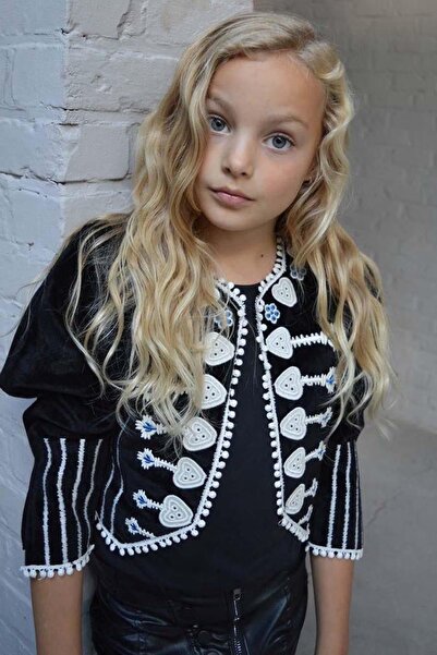 Riccotarz Girl's Zipper Detailed Leather Trouser Collar and Lace Front Embroidered Velvet Black Jacket Bottom Top Plug
