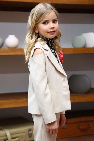 Riccotarz Girl's Off-the-Shoulder Blazer with Jacket Clover Pattern Front Slit Spanish Cream Top and Bottom Set