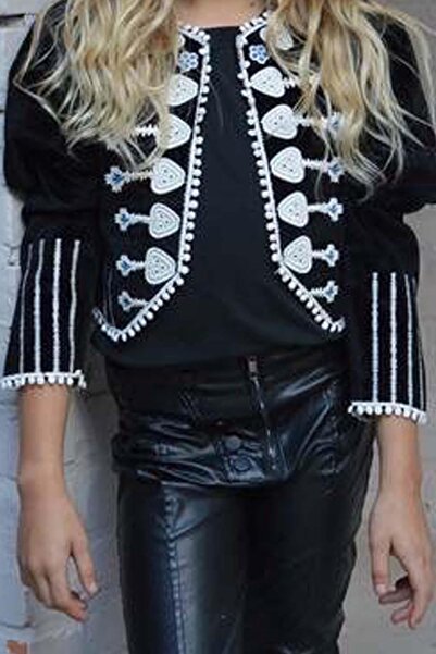 Riccotarz Girl's Zipper Detailed Leather Trouser Collar and Lace Front Embroidered Velvet Black Jacket Bottom Top Plug