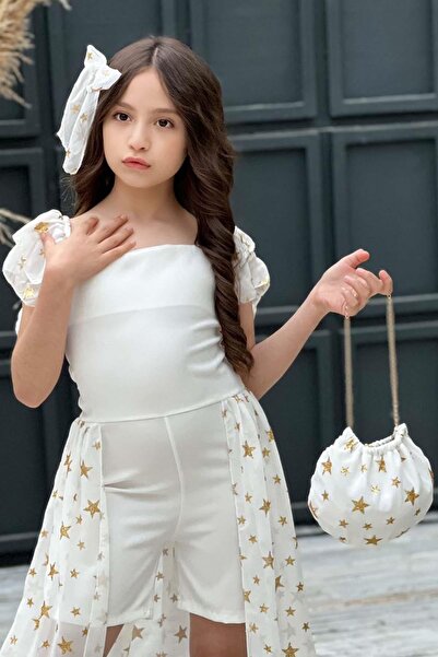 Riccotarz Girl's Star Patterned Boat Neck Tulle Tailed Jumpsuit with White Shorts