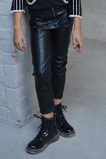 Riccotarz Girl's Zipper Detailed Leather Trouser Collar and Lace Front Embroidered Velvet Black Jacket Bottom Top Plug