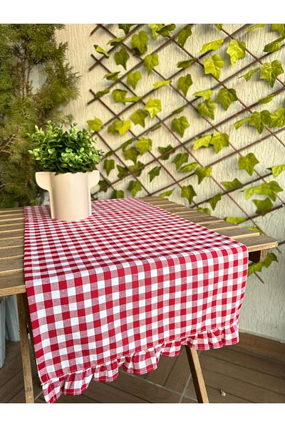Decamor home Linen Frilly Runner Vintage Gingham Red Runner