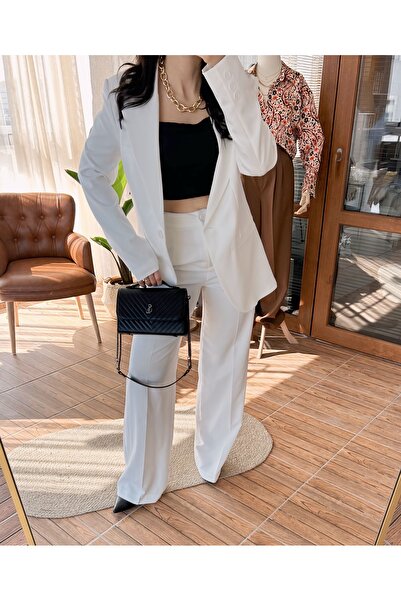 ANKH WOMAN BEYAZ GENİŞ KESİM CEKET YÜKSEK BEL PALAZZO PANTOLON TAKIM