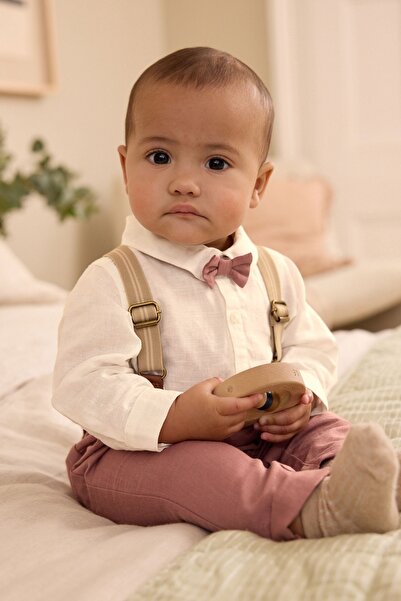 Next Baby % 100 Pamuklu Gül Kurusu Smart Gömlek Pantolon Askı Papyon Set