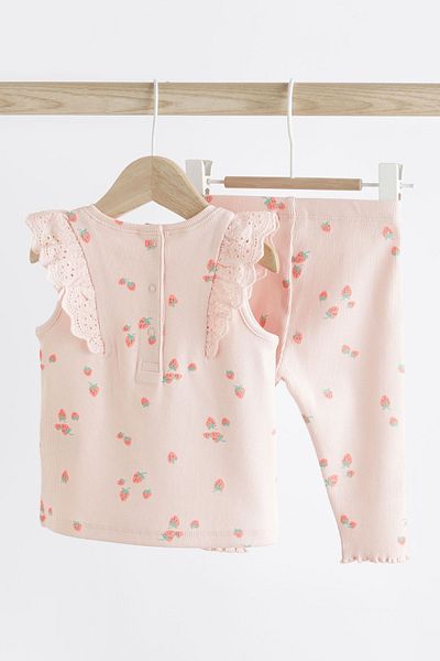 Next Baby Cotton Pink Strawberry Patterned Tights Top and Bottom Set