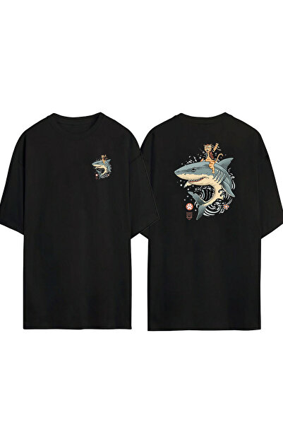THEWERT Tricou oversize negru cu imprimeu unisex Samurai Cat Shark Fata Spate