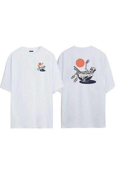 THEWERT Unisex Skeleton In A Japanese Bowl Μπροστά πίσω με στάμπα λευκό μπλουζάκι υπερμεγέθους