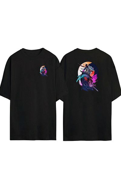 THEWERT Tricou oversize negru cu imprimeu unisex violet, japonez, față spate