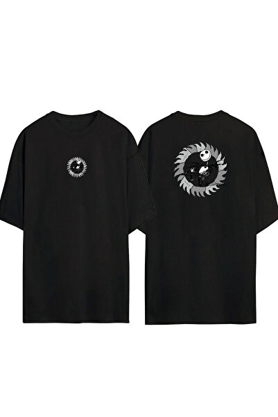 THEWERT Tricou negru oversize cu imprimeu Jack Skellington, unisex