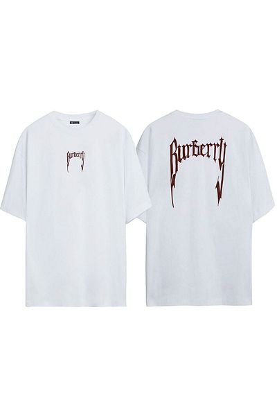 THEWERT Tricou supradimensionat alb cu imprimeu Burberry unisex față și spate