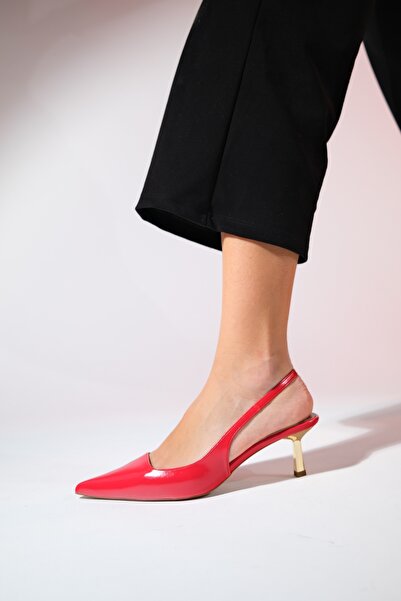 LuviShoes Red Skin Women's Pointed Toe Open Back Thin Heeled Shoes