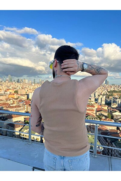 oneoff Ανδρικό μπλουζάκι μπεζ με λαιμόκοψη Slimfit πλέξη ριμπ Tank Top