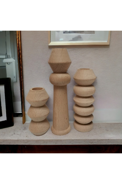 Vera Hediyelik Eşya 3'lü Node Natural Ahşap Torna Şamdan Mumluk Dekoratif Öze...
