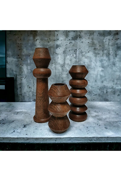 Vera Hediyelik Eşya 3'lü Node Ceviz Ahşap Torna Şamdan Mumluk Dekoratif Özel ...