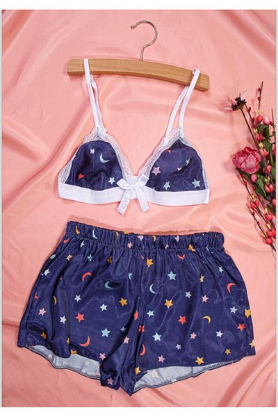 Esydesing Cămașă de noapte crop set cu pantaloni scurți din dantelă din satin cu bretele subțiri