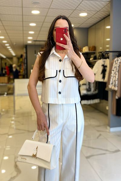 Vosse Miarte Ecru Striped Vest with Button and Pocket Detail