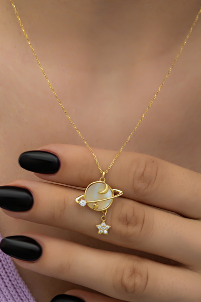 Adieu Silver 925 Ayar Hediye Kutulu Gümüş Sedef Taşlı Gezegen Kolye Gms1