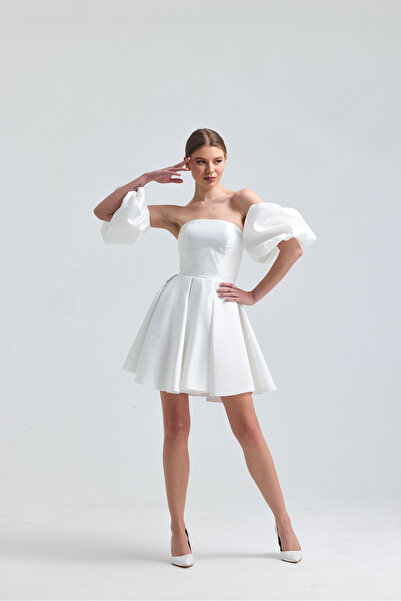 Tangül&Ali'S Moda Evi Balon Kollu Beyaz Straplez Mini Elbise