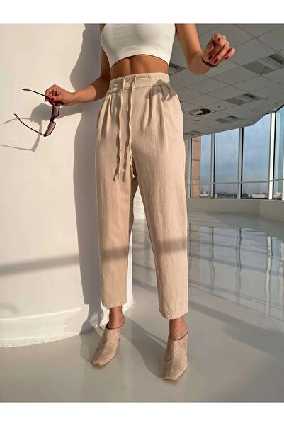 Lady Pixie Γυναικείο λινό παντελόνι με ψάθινη πλεξούδα