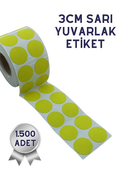 Netsan Etiket 3cm Round Label 1,500 Pieces| Yellow Colored Adhesive Round Sticker