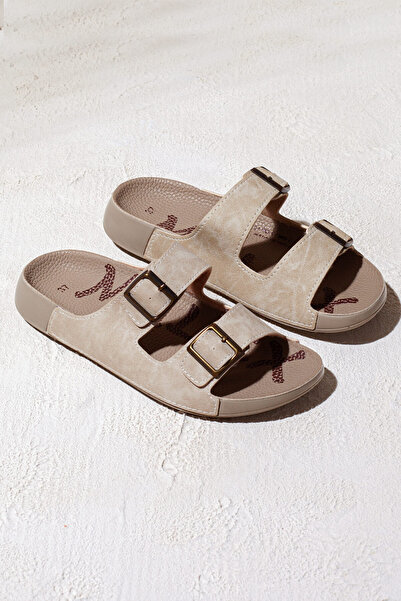 ShoesBag Çift Tokalı Yumuşak Tabanlı Günlük Bej Terlik