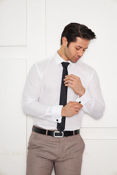 BEYMARK Men's White Double Cuff Sleeve Button Slim Fit Shirt