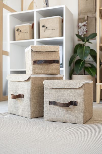 Art Bee Set of 3 Jute In-Cabinet Organizer Jewelry, Makeup, Bathroom, Office Organizer Storage Box with Lid