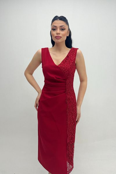 giyimmasalı Atlas Fabric Lace Detailed Pencil Dress RED
