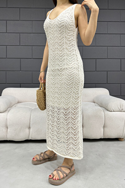 LE CARAMBOLE Women's Cream Lined Openwork Knitwear Dress 2445