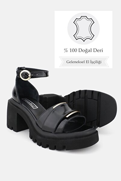 TUNAELLİ WOMEN'S BLACK Patent Leather Genuine Natural Leather Thick Heeled SANDALS SHOES