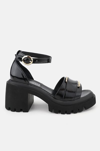 TUNAELLİ WOMEN'S BLACK Patent Leather Genuine Natural Leather Thick Heeled SANDALS SHOES