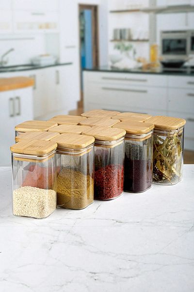 MadaMelya 4-Piece Bamboo Lid Square Thermal Spice Jar 6x12cm 4 Pieces Vacuumed Lid