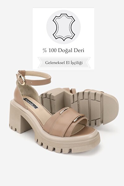 TUNAELLİ WOMEN'S BEIGE GENUINE NATURAL LEATHER THICK HEEL SANDALS SHOES