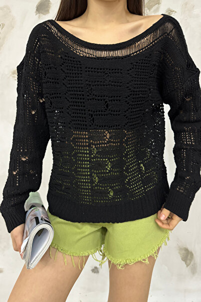 LE CARAMBOLE Women's Black Boat Neck Openwork Knitwear Blouse 2454